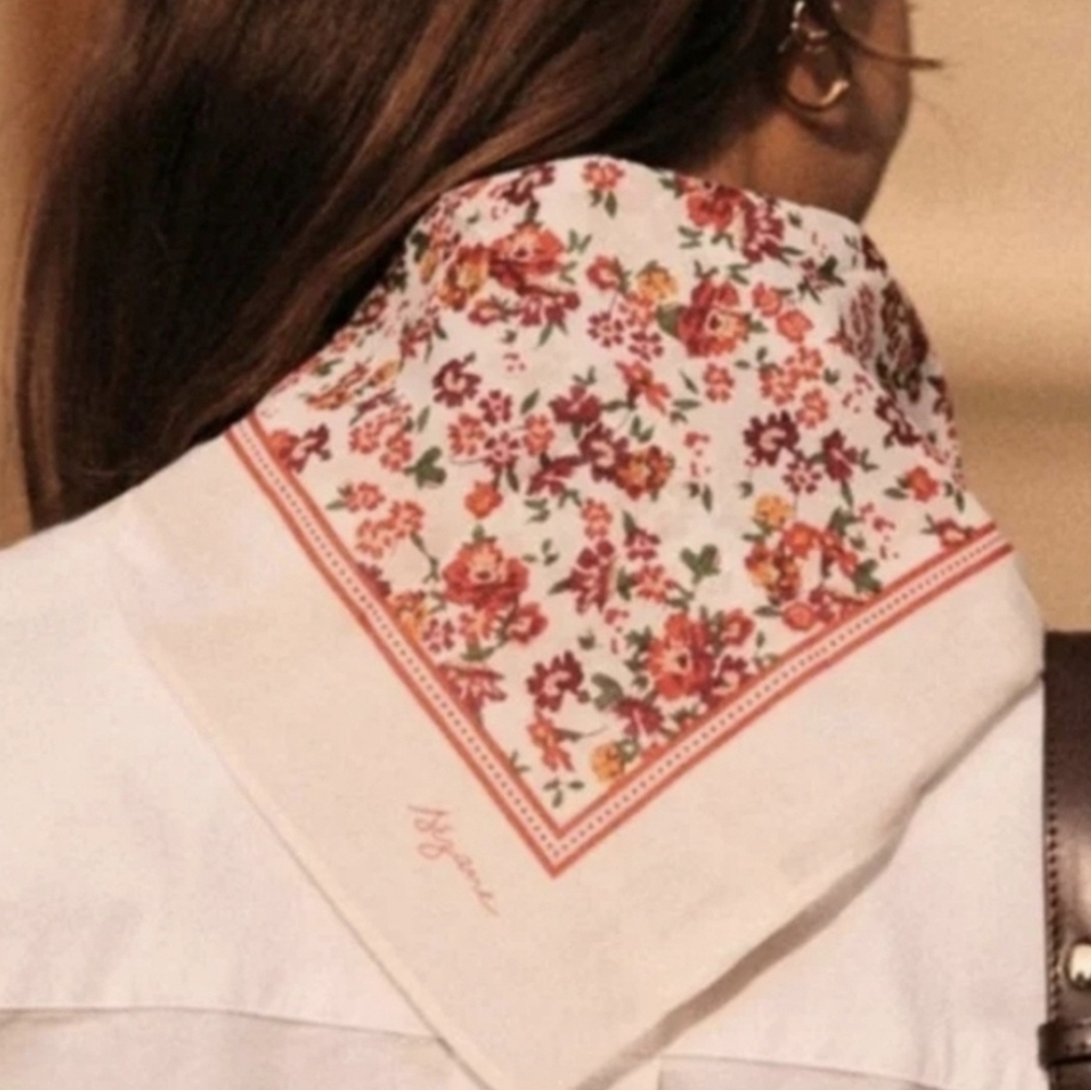 Sezane Floral Cotton Silk-Blend Scarf in White with Red and Green Bouquet